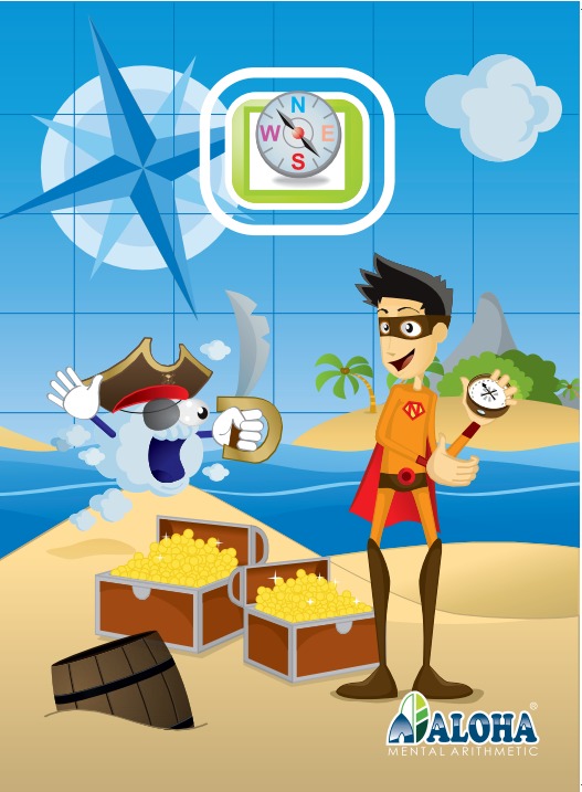 Ilustracija s animiranim likovima koji stoje na plaži pored otvorene kutije s blagom.